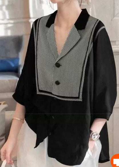 Black Peter Pan Collar Plaid Patchwork Shirt Top Three Quarter Sleeve