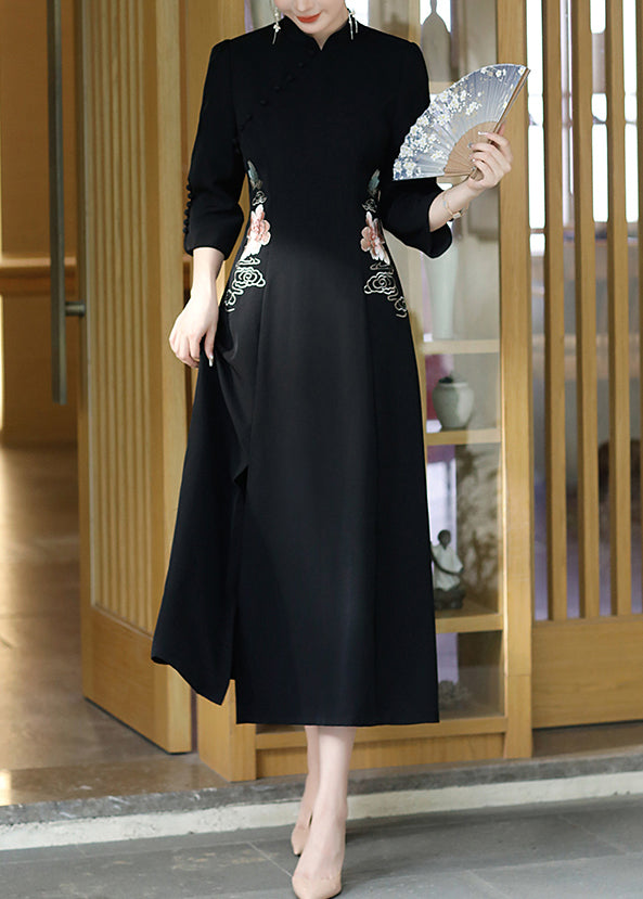 Black Stand Collar Embroideried Button Party Tulle Maxi Dress Long Sleeve