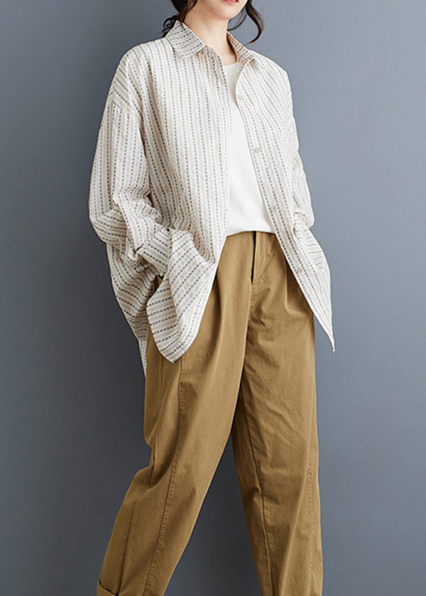 White Peter Pan Collar Striped Loose Cotton Shirt Spring