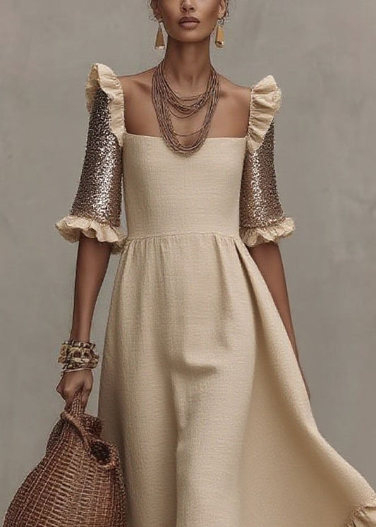 Beige Square Collar Ruffled Wrinkled Long Dress Summer