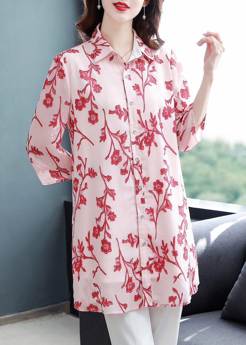 Fitted Pink Button Peter Pan Collar Print Long Chiffon Blouse Top Half Sleeve