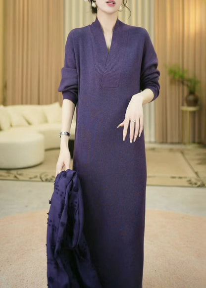 Purple V Neck Cozy Knit Long Sweater Winter