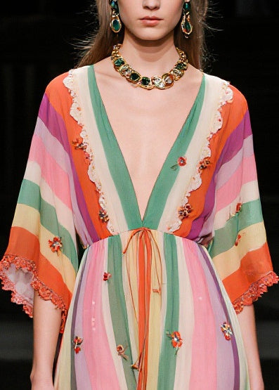 V Neck Striped Chiffon Vacation Dress Half Sleeve