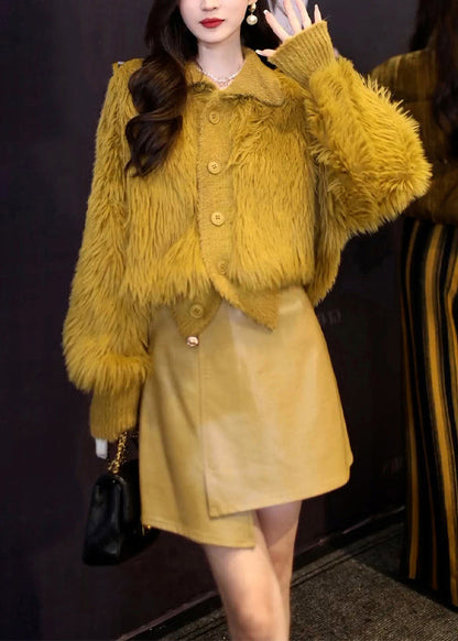 New Yellow Button Patchwork Tops and Skirts Two Pieces Set Fall