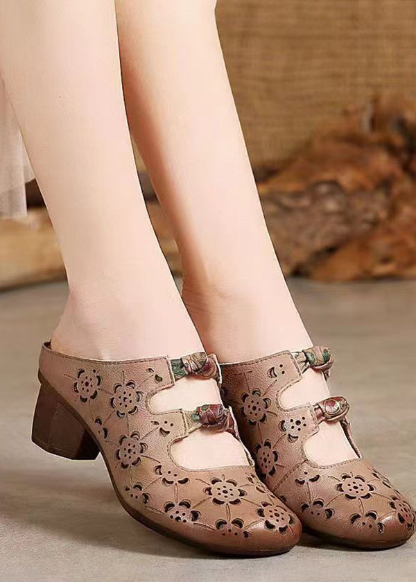 Brown High Heels Chunky Cowhide Leather Hollow Out High Heels