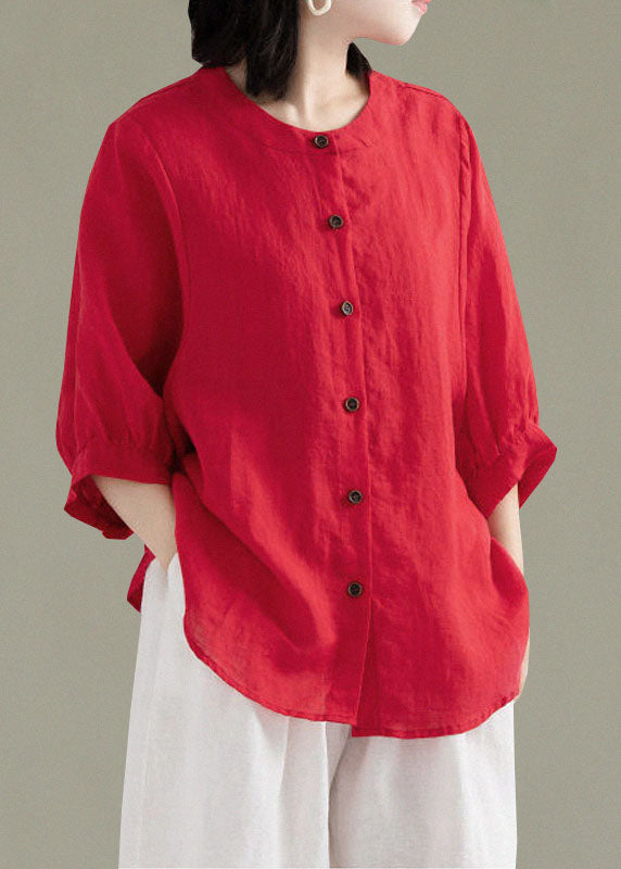 Art White Patchwork O-neck Button Linen Loose Shirt Top Lantern Sleeve