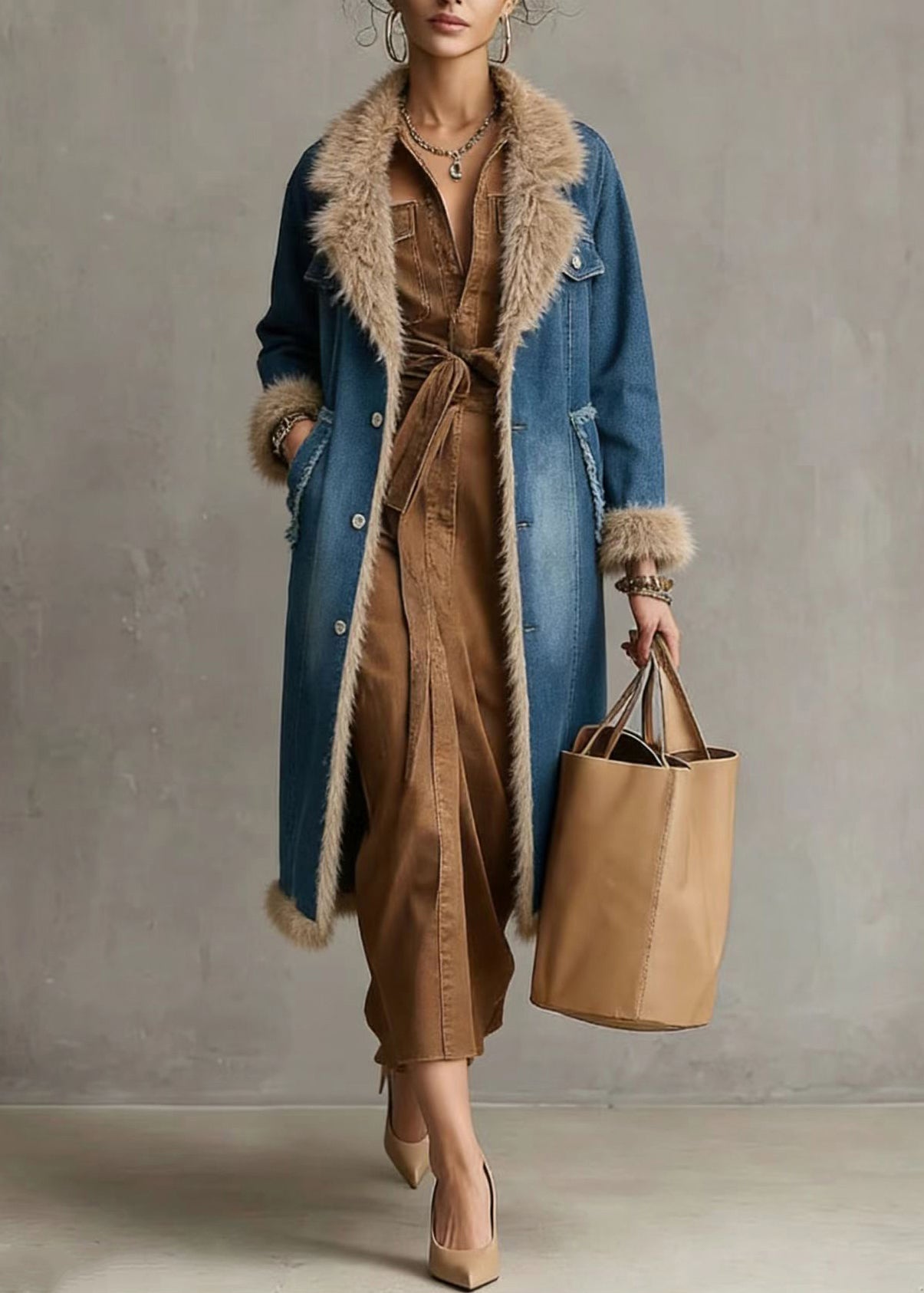 Denim Blue Notched Patchwork Faux Fur Fine Cotton Filled Trench Coats Winter