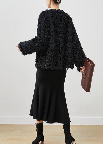 Modern Black Sequins Faux Fur Coats and Dress Two-piece Set Winter