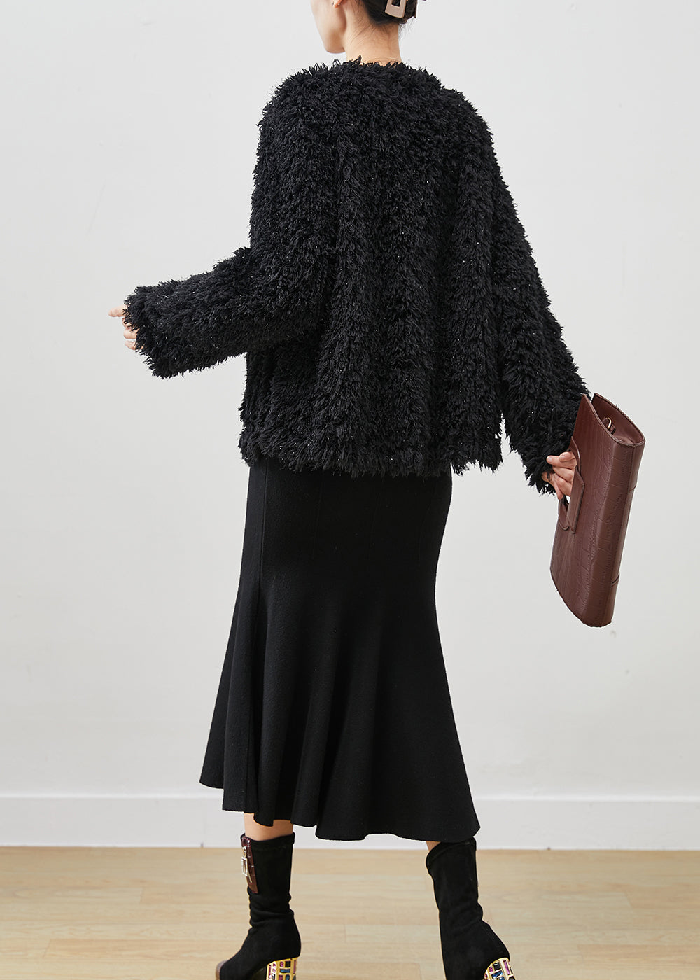 Modern Black Sequins Faux Fur Coats and Dress Two-piece Set Winter