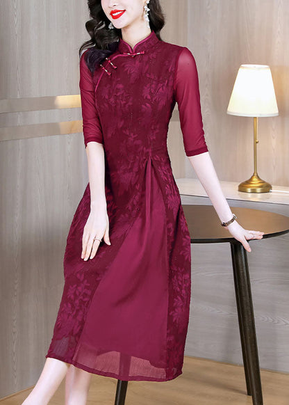 Red Print Patchwork Wrinkled Silk Long Dress Fall