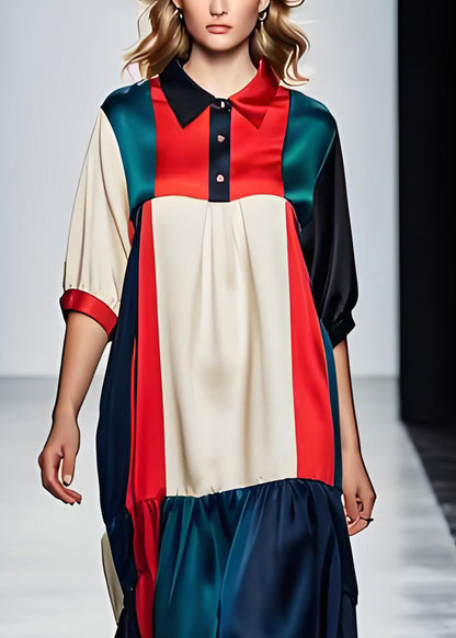 Colorblock Peter Pan Collar Patchwork Silk Dresses Summer