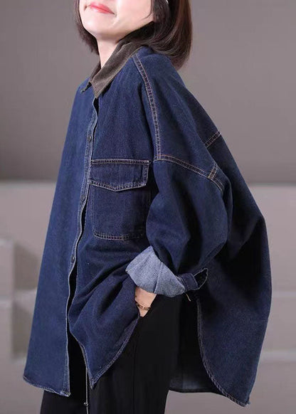 Navy Peter Pan Collar Patchwork Button Cozy Denim Shirts Fall