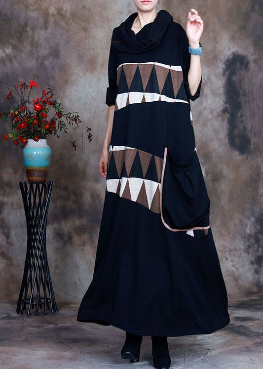 Natural Black Pocket Asymmetrical Print Maxi Dresses Spring