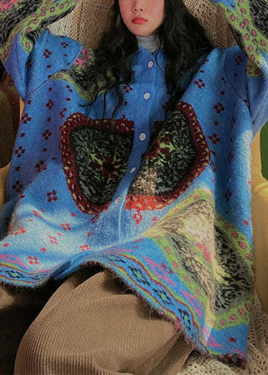 Blue Retro Button Print Fall Knit Sweater Coat