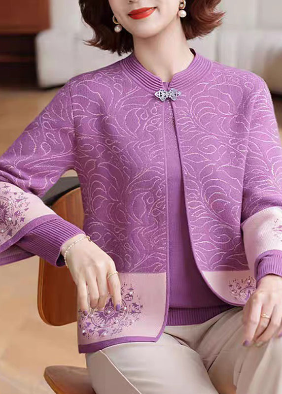 Organic Purple Patchwork Knit Cardigans and Sweaters Two Pieces Set Three Quarter Sleeve