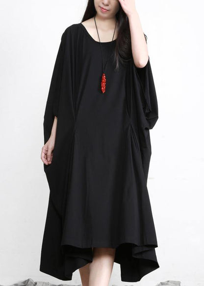 Diy Black Asymmetric Cotton Long Dress O Neck