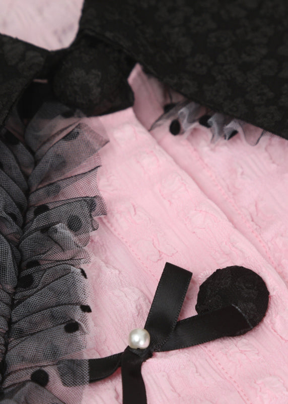 Pink Square Collar Ruffled Print Tulle Shirts Long Sleeve