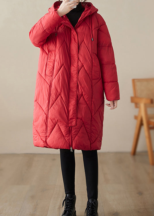 Red Zip Up Hooded Pockets Fine Cotton Filled Witner Coat