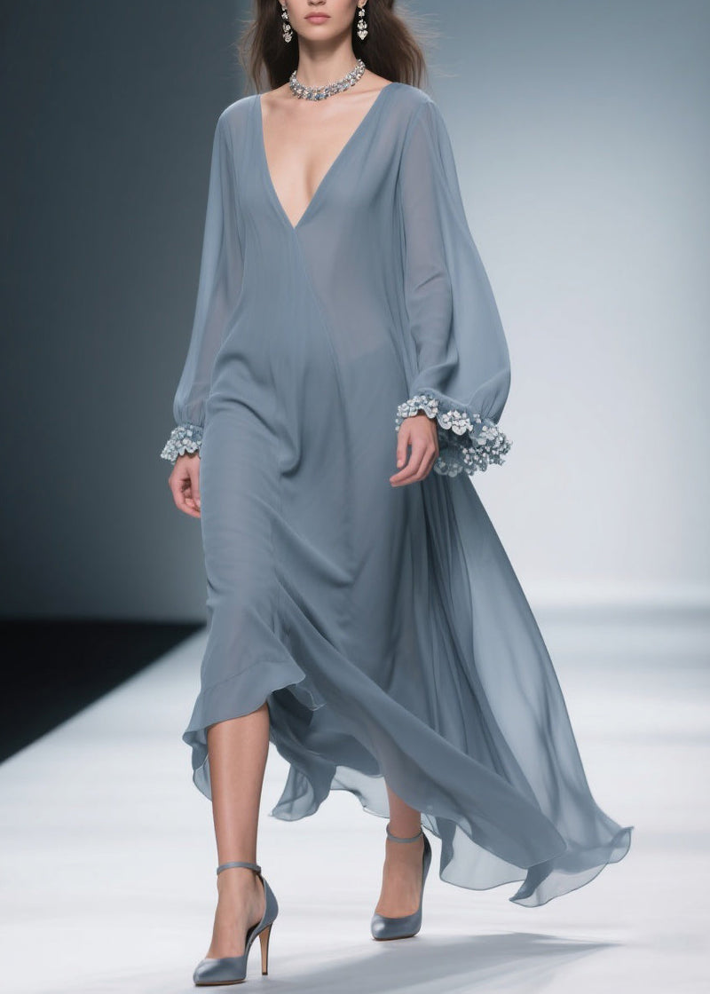 Haze Blue Chiffon Maxi Dresses