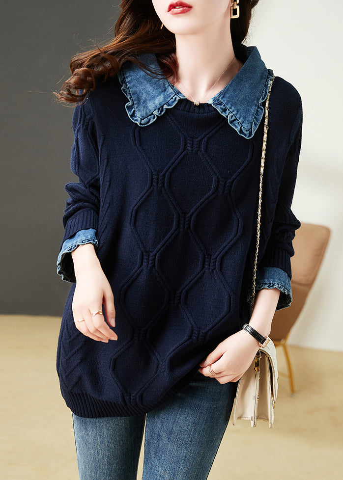 Navy Ruffled Patchwork False Two Pieces Cotton Knit Top Long Sleeve