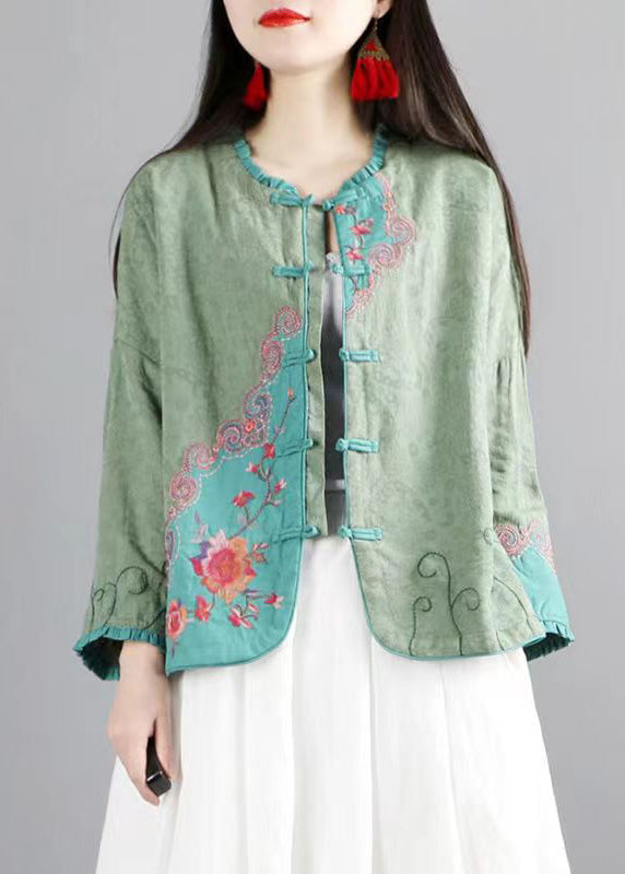 Green Ruffled Embroideried Chinese Button Cotton Coats Spring