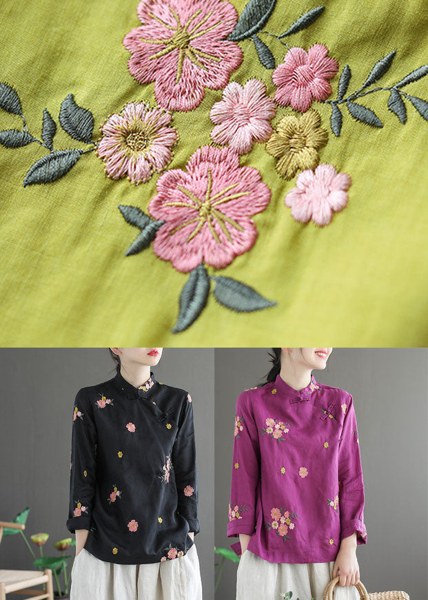Black Stand Collar Embroideried Linen Shirt Long Sleeve