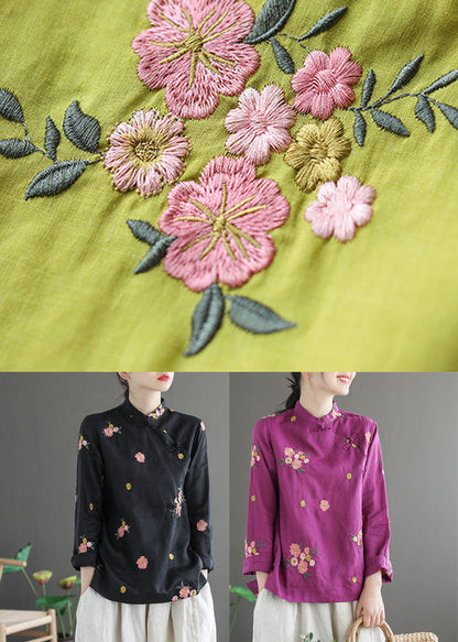 Black Stand Collar Embroideried Linen Shirt Long Sleeve