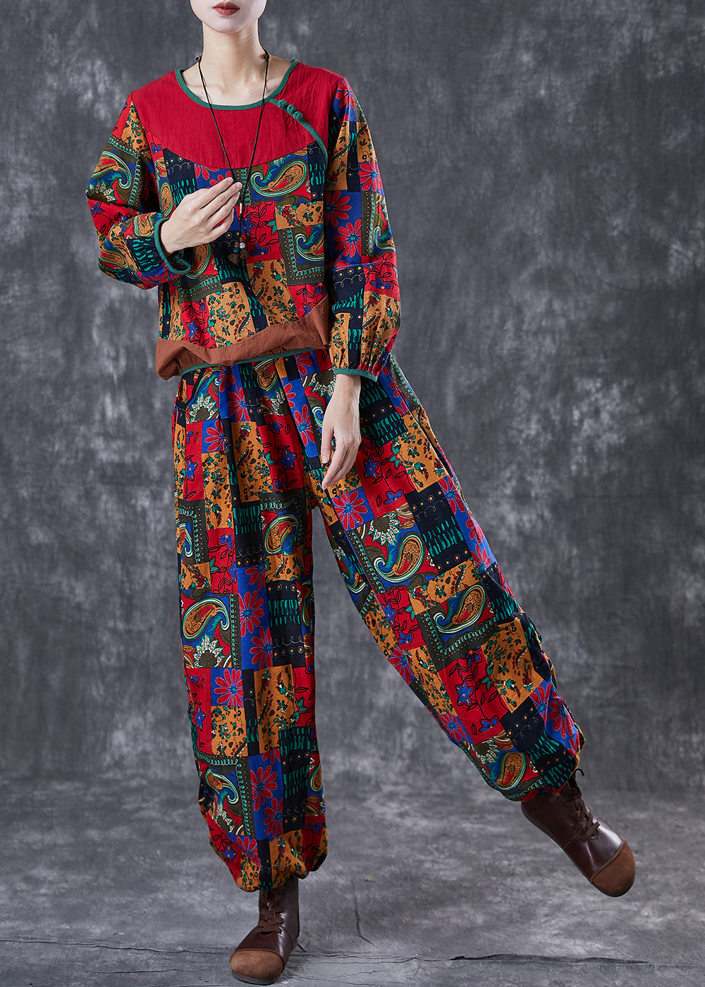 Red Print Patchwork Cotton Two-piece Set Fall