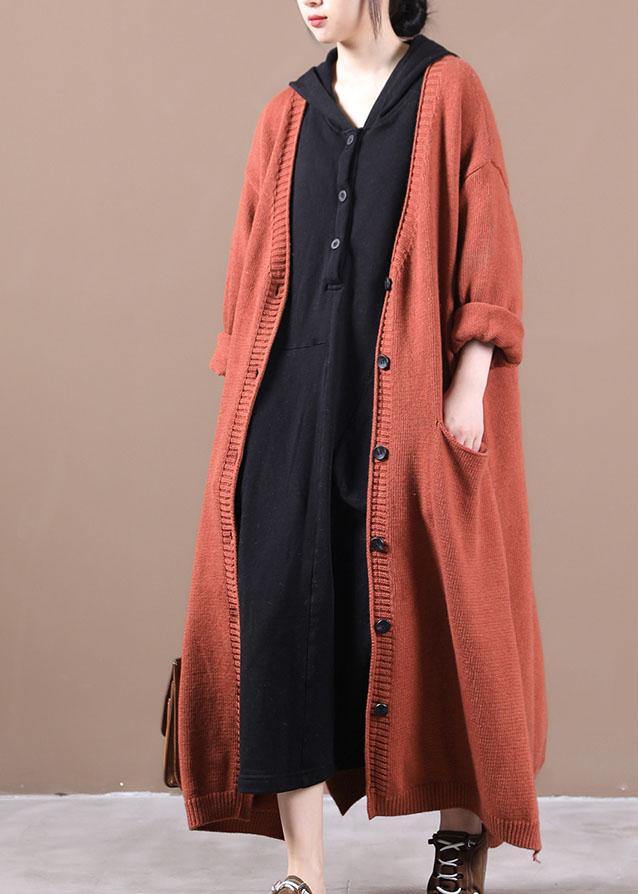 Orange Red Pockets Fall Long Knit Coat