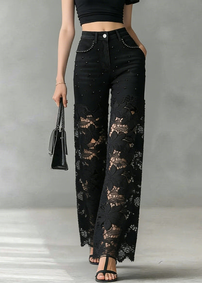 Black Lace Hollow Out Nail Bead Denim Pants Summer