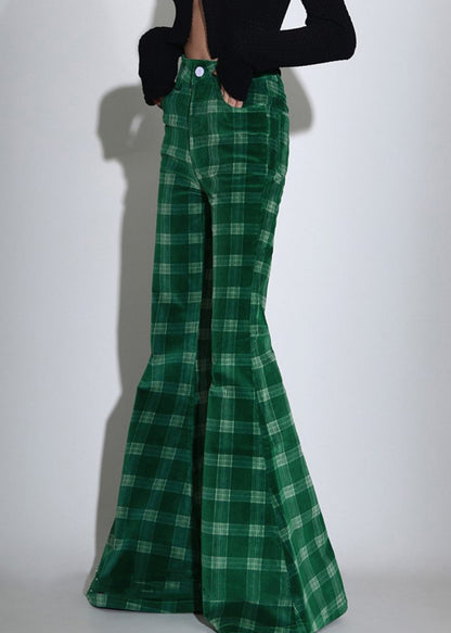 Green Plaid Pockets Corduroy Flare Bottoms Spring