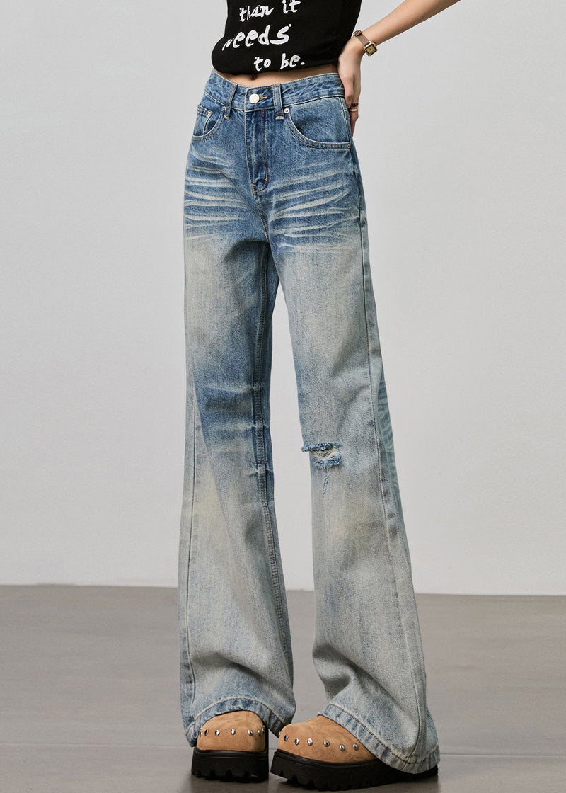 Boutique Blue Pockets High Waist Denim Ripped Pants Fall