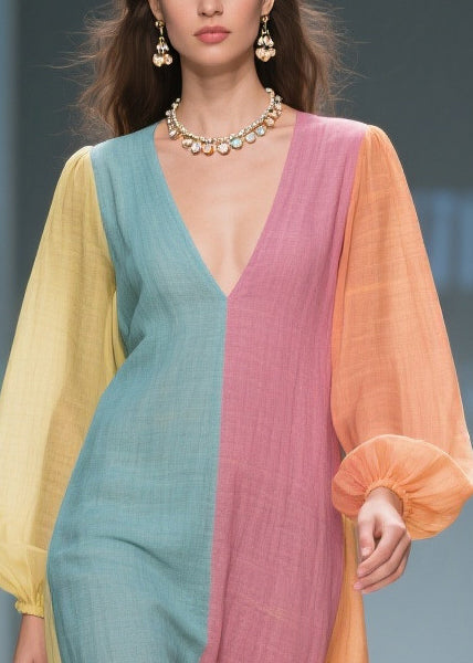 Unique Colorblock V Neck Patchwork Cotton Dresses Lantern Sleeve