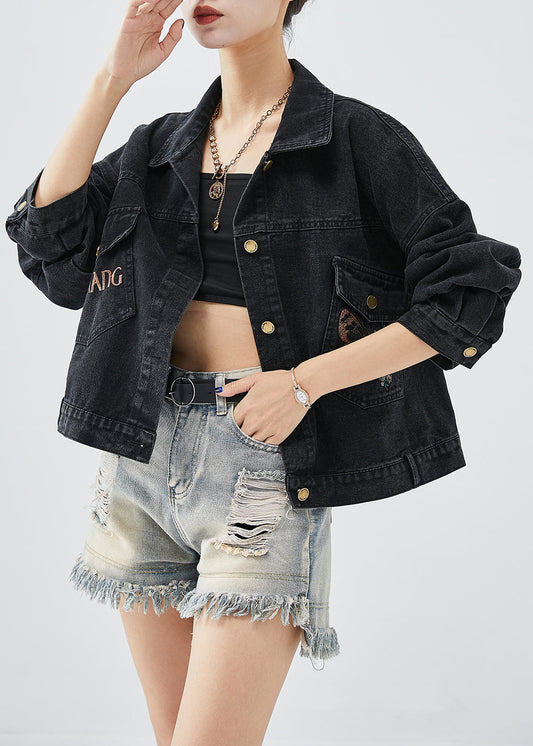 Boutique Black Embroideried Letter Butterfly Denim Jacket Spring