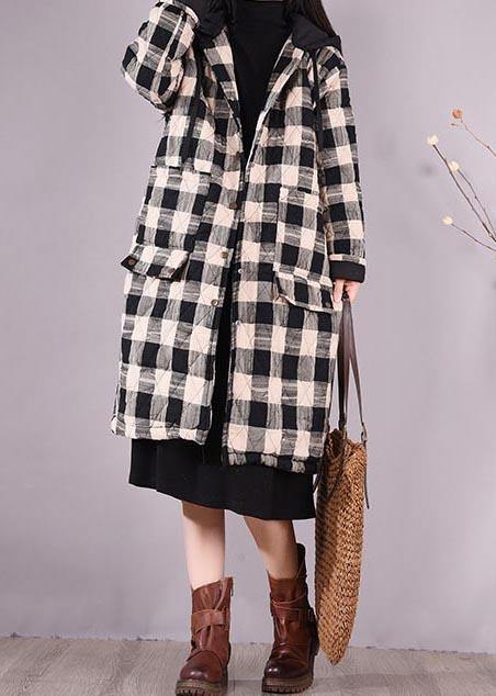 Black Plaid Parkas for Coats Hooded Pockets Outwear
