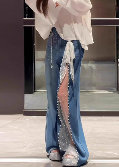 Blue Oversized Patchwork Lace Denim Straight Pants Fall