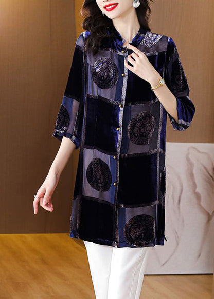 Blue Stand Collar Print Patchwork Velour Shirt Fall