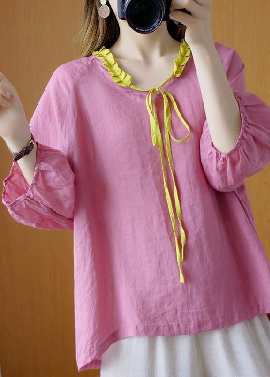 French Pink Ruffled Tie Asymmetrical Design Fall Shirt Three Quarter Sleeve