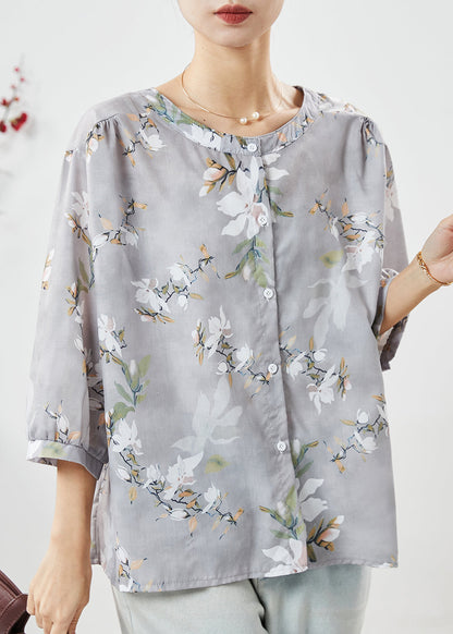 Grey O-neck Print Linen Blouses Half Sleeve