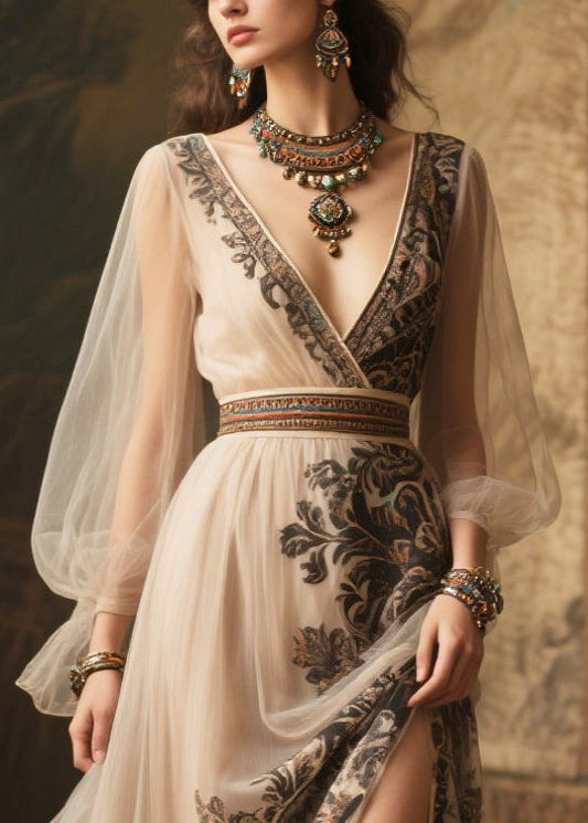 Beige Print Exra Large Hem Chiffon Holiday Dress Summer