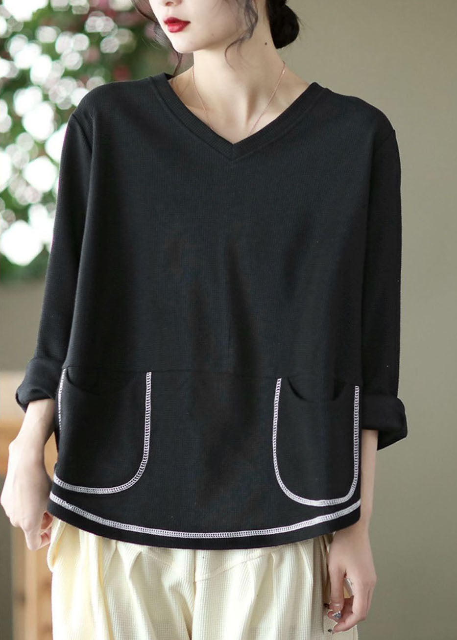 Black V Neck Pockets Patchwork Cotton Sweatshirts Top Long Sleeve