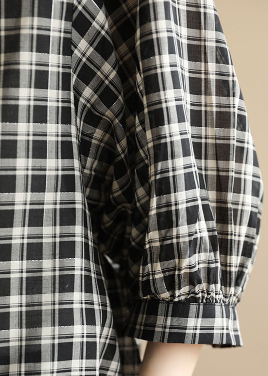 Black Peter Pan Collar Plaid Cotton Shirt Top Bracelet Sleeve Summer
