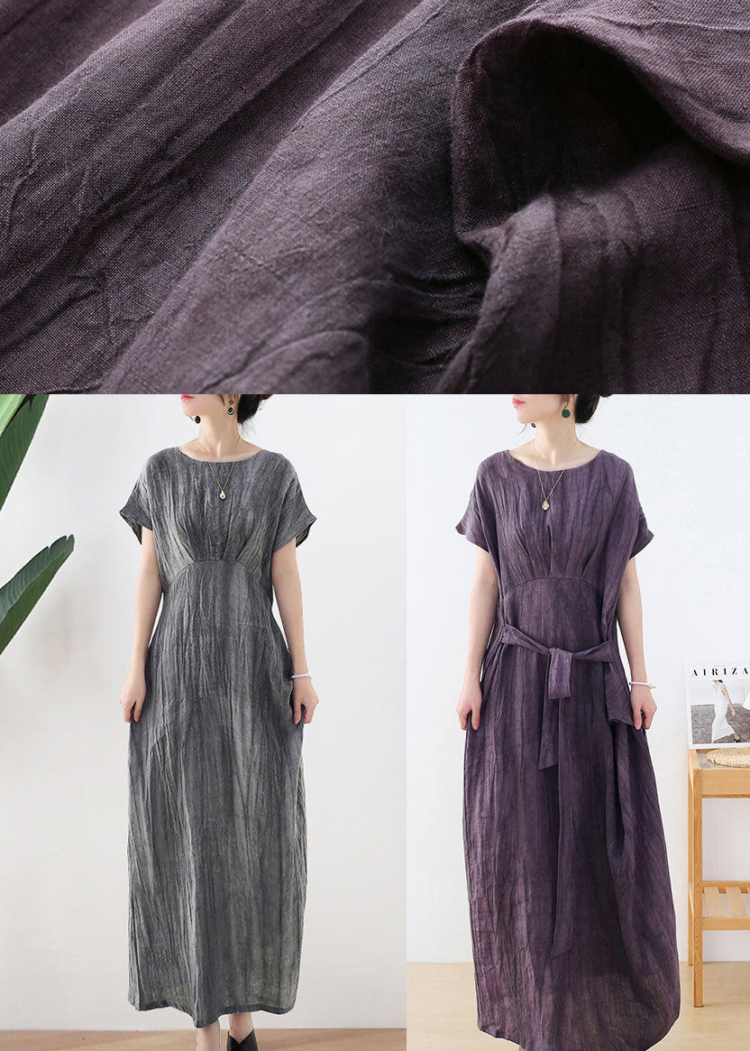 Grey Tie Dye Long Dresses Tie Waist Short Sleeve