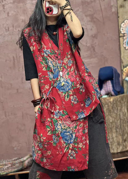 Red Asymmetrical Print Patchwork Cotton Waistcoat Sleeveless