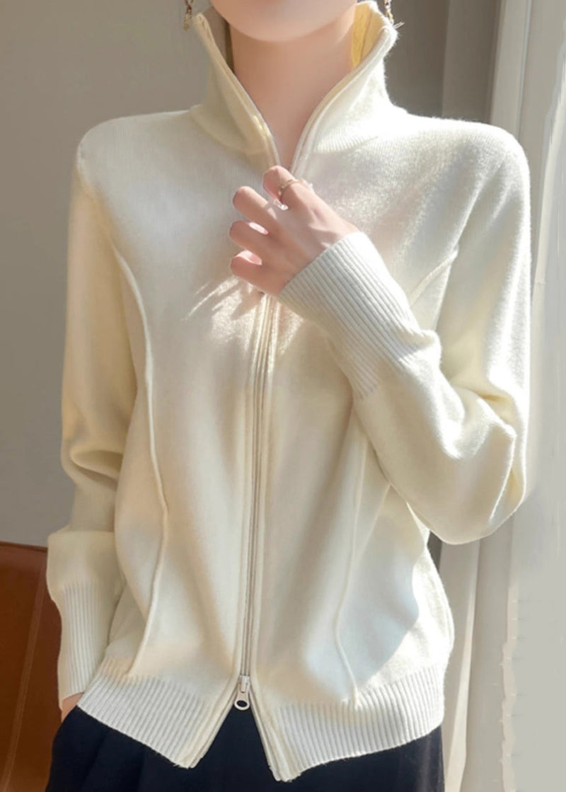 Slim Fit White Stand Collar Zip Up Knit Coats Fall