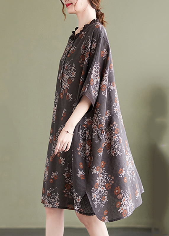 Natural Chocolate O-nec Ruffled Patchwork Print Mid Dress Half Sleeve