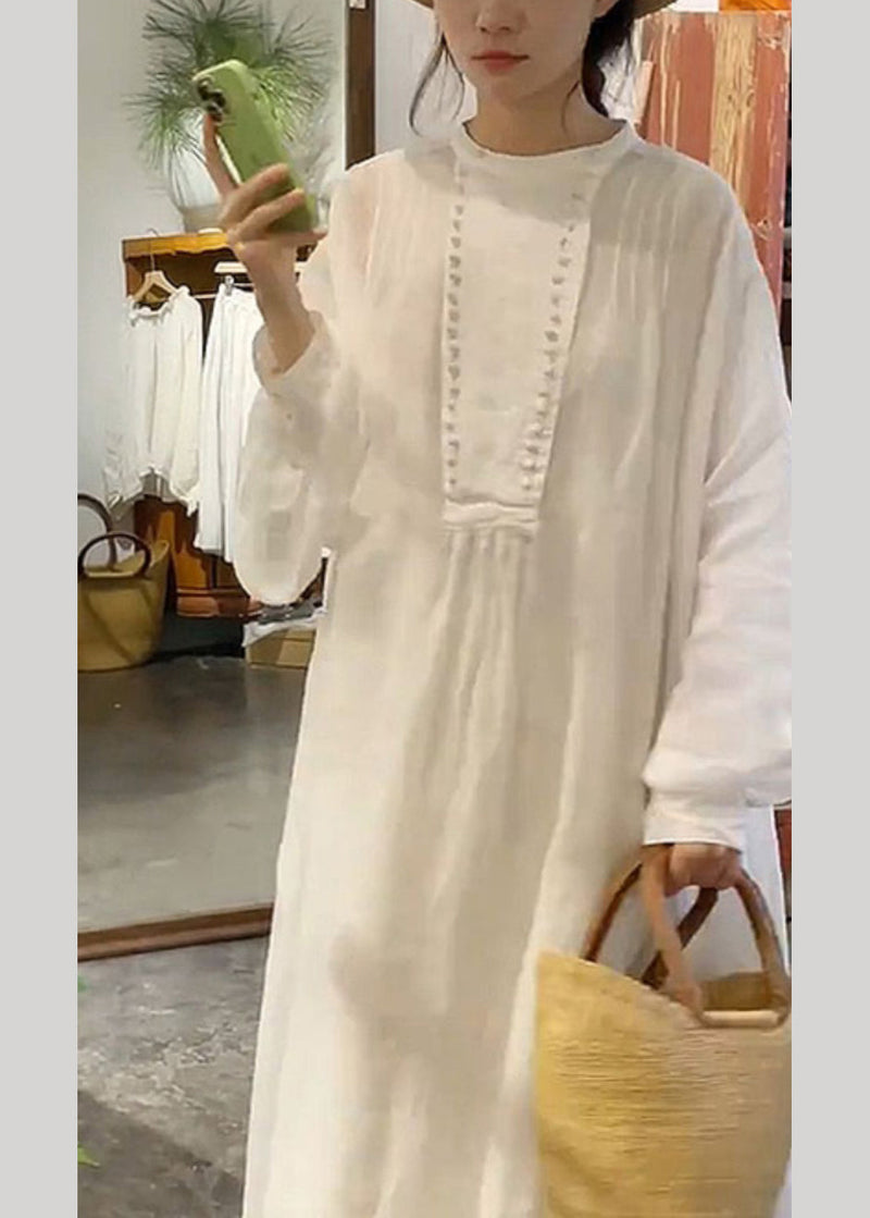 New White O-neck Cotton Long Dress Spring