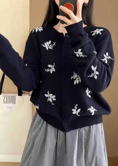 Navy Embroidered Button Knit Coat Fall