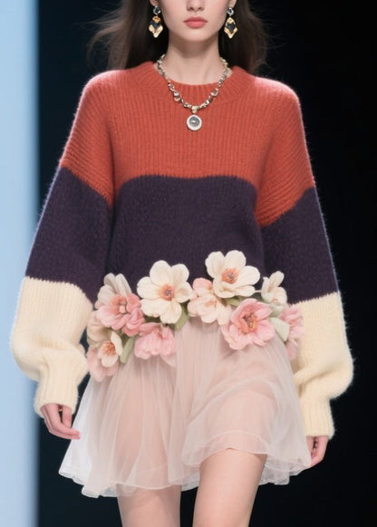 Modern Colorblock O Neck Tulle Knit Dress Fall