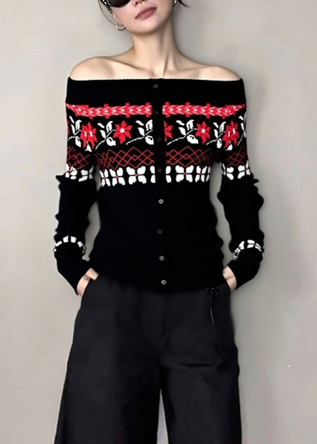 Black Cold Shoulder Jacquard Knit Tops Winter